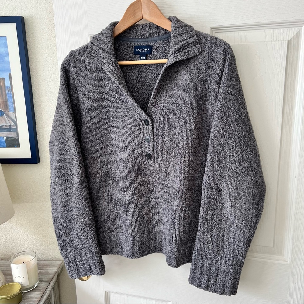 Sonoma Charcoal Gray Sweater Large Collared V-neck Soft